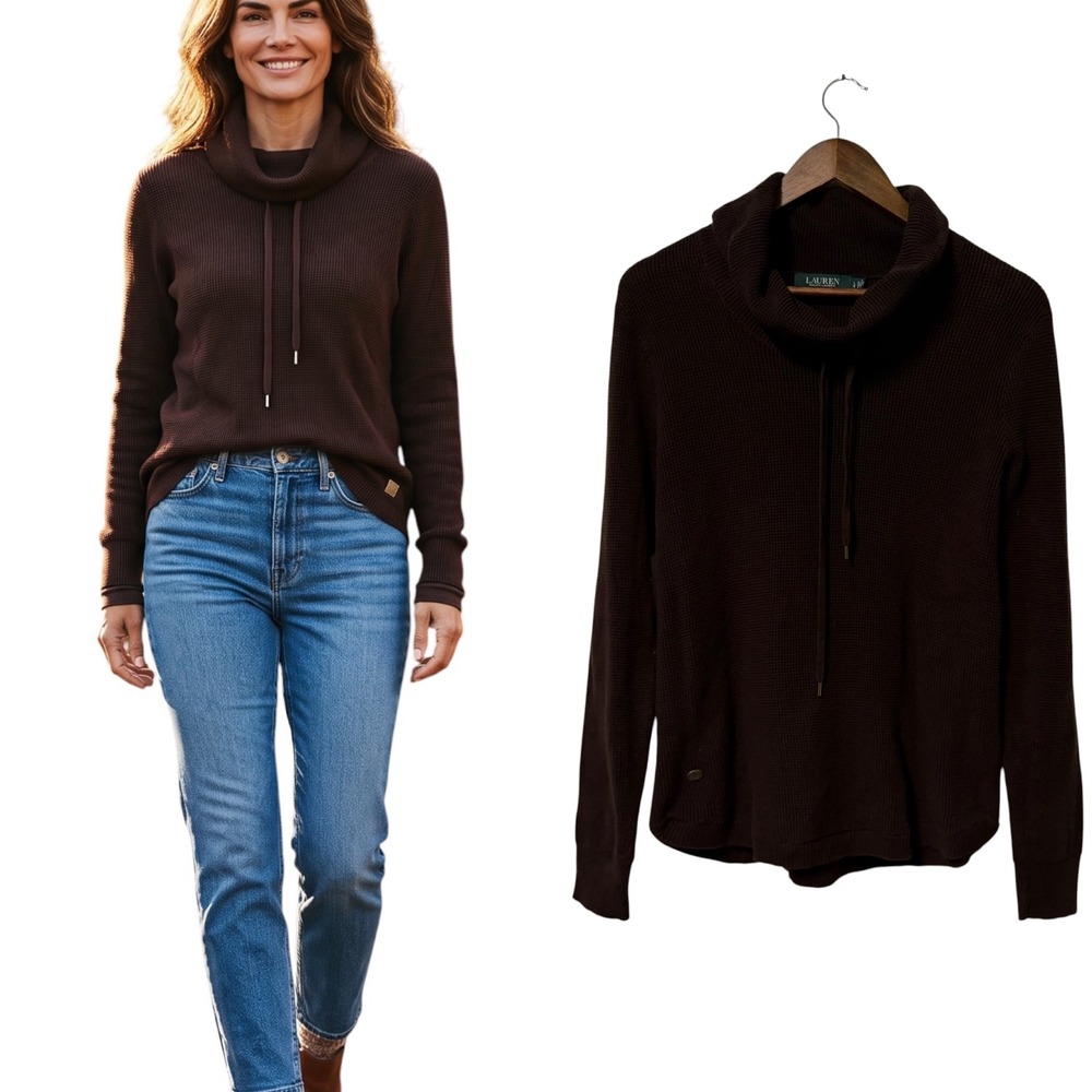 Lauren Ralph Lauren Sweater Top Womens L Brown Cowl Neck Waffle Knit Thermal